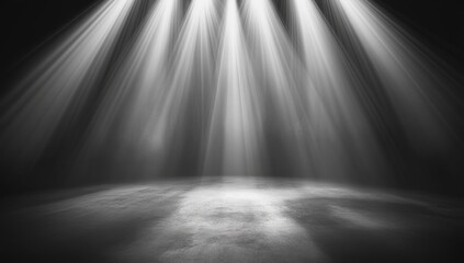 Empty stage bathed in spotlight beams