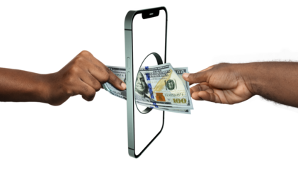Black african hand giving transferring US dollar notes to another hand through smart mobile phone. Online banking transfer exchange payment. Mobile money business transaction concept through app