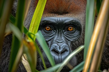 Majestic Western Lowland Gorilla Staring at Camera Amidst Lush Grass in Natural Habitat © Popelniushka