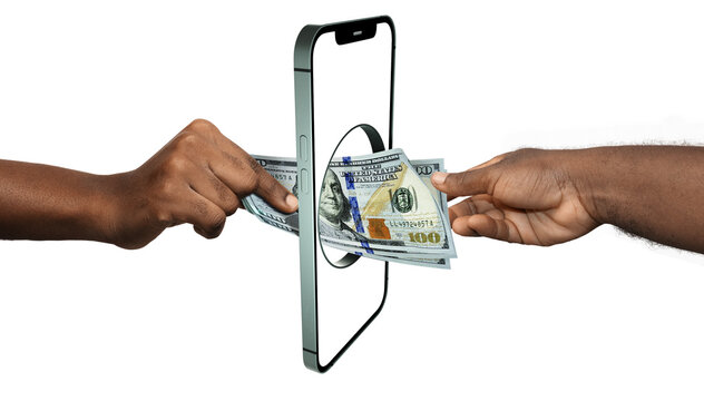 Black african hand giving transferring US dollar notes to another hand through smart mobile phone. Online banking transfer exchange payment. Mobile money business transaction concept through app