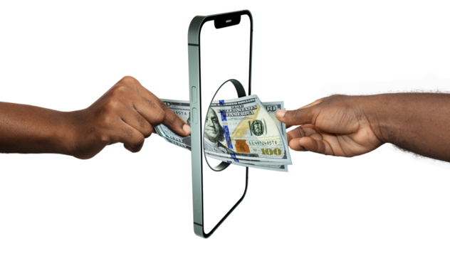 Black african hand giving transferring US dollar notes to another hand through smart mobile phone. Online banking transfer exchange payment. Mobile money business transaction concept through app
