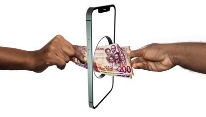 Black african hand giving transferring Ghanaian cedi notes to another hand through smart mobile phone. Online banking transfer exchange payment. Mobile money business transaction concept through app