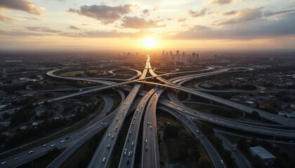 Sunset over a busy highway interchange with city skyline in the background