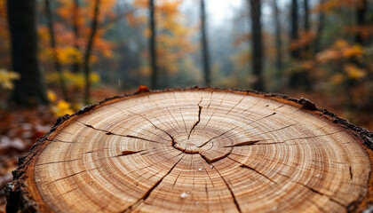 Close-up view of tree stump in colorful forest during autumn misty morning with vibrant foliage in the background