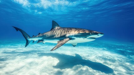 Naklejka premium Majestic Tiger Shark Swimming Gracefully Beneath the Waves in Grand Bahama, Bahamas