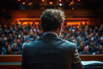 Fototapeta premium Speaker addresses an engaged audience during a formal event in a modern auditorium