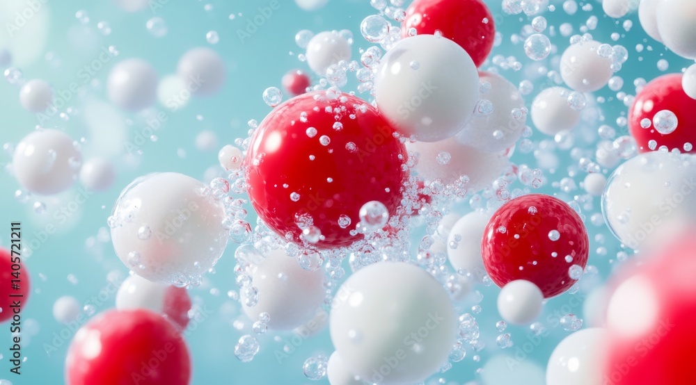 Poster abstract spheres in motion. red and white orbs suspended in a light blue background, filled with tin