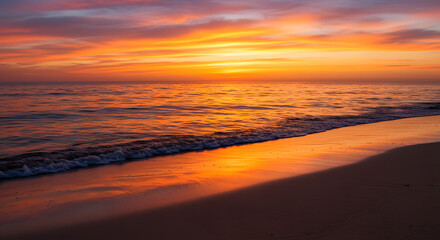 Obraz premium Stunning coastal sunset with glowing clouds and vivid ocean reflections — perfect for travel, nature, relaxation, and inspirational visuals in both print and digital use.