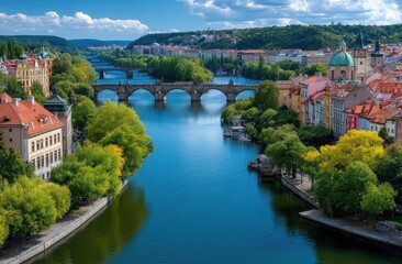 Fototapeta premium A panoramic view of the cityscape of Prague, with its iconic bridges and historical architecture