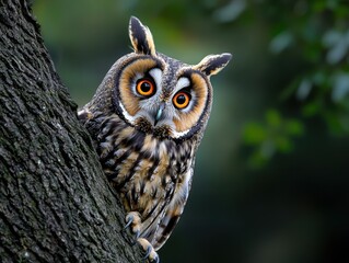 Obraz premium Majestic Long-Eared Owl Nestled in Tree: Striking Orange Eyes Against a Dark Forest Background