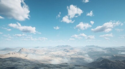 Fototapeta premium Vast desert landscape under a vibrant blue sky. Desert mountains, light clouds, and a hazy atmosphere create a serene yet expansive view