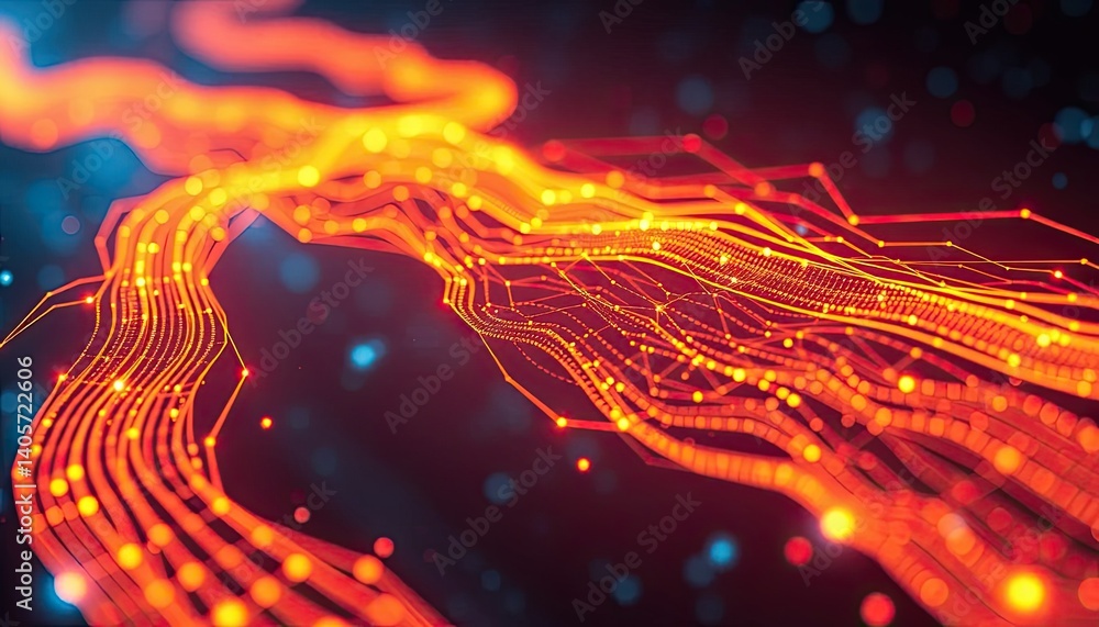 Poster abstract digital data stream with glowing orange and red lines on dark background