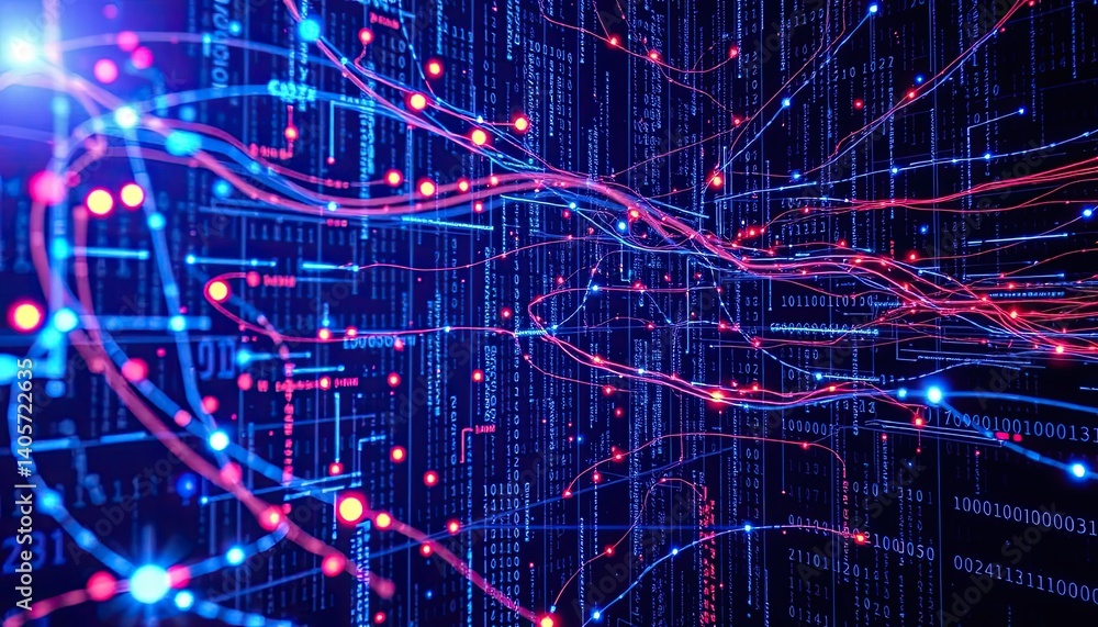 Poster abstract digital network blue and red data streams flowing through complex circuitry on dark backgro