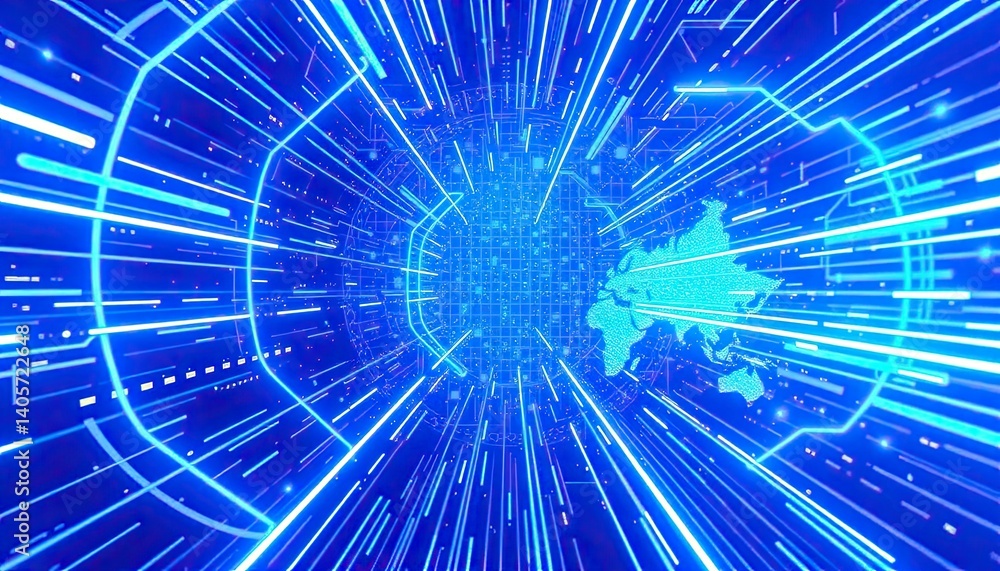 Poster abstract digital tunnel of glowing blue lines and data streams
