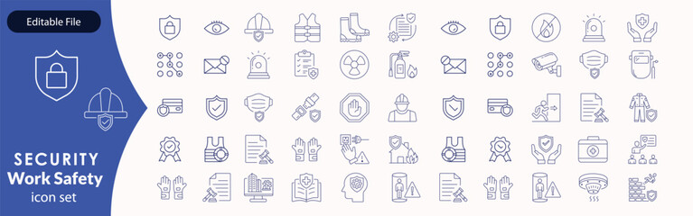 Work Safety editable stroke outline web icons set. Safety first, hazard, protection, health, insurance, regulations, helmet and work. Vector illustration