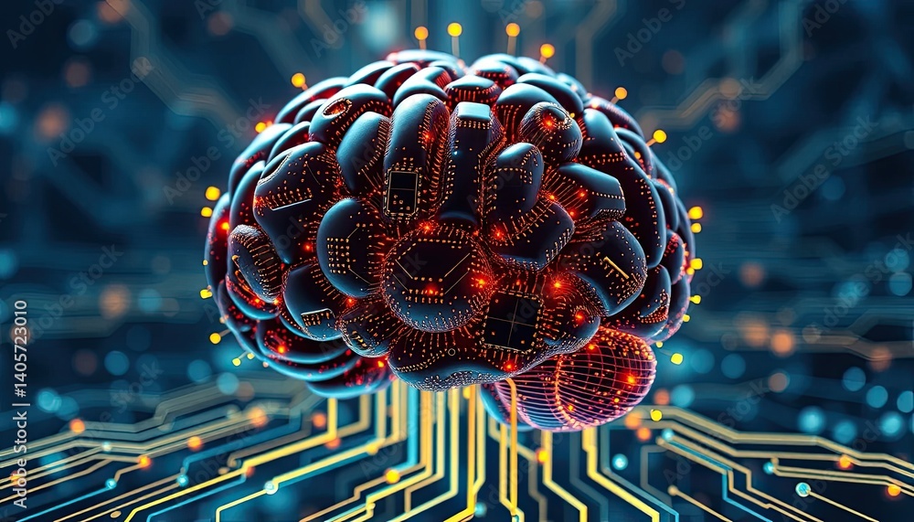 Poster glowing 3d render of a brain on a circuit board