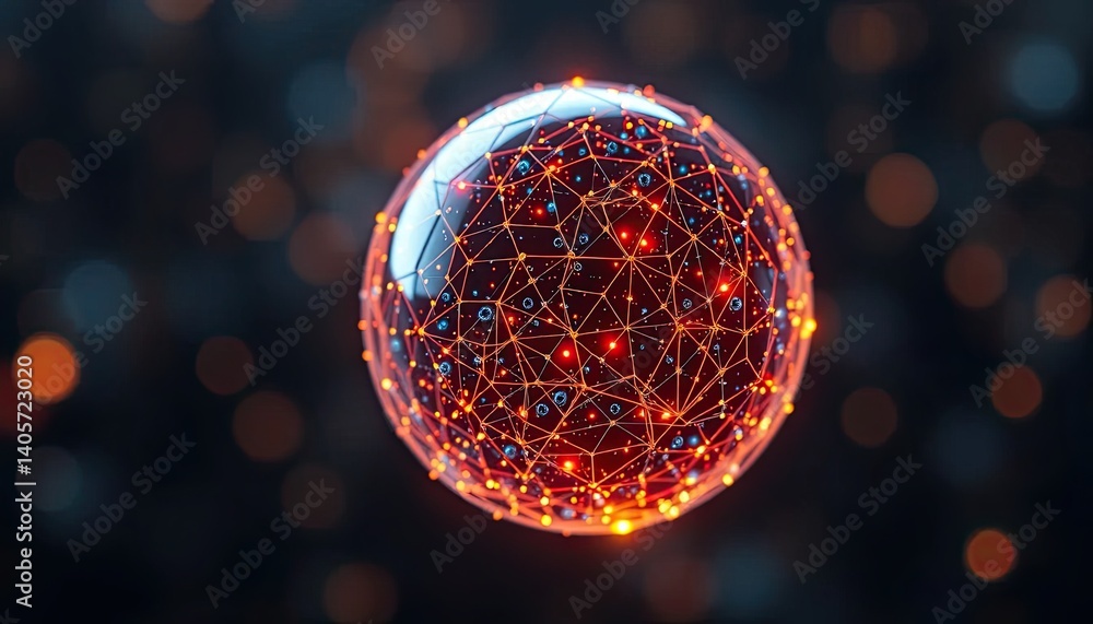 Poster glowing abstract sphere with network connections in dark bokeh background