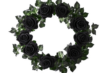 Elegant wreath of deep black roses and verdant foliage, creating a striking floral arrangement