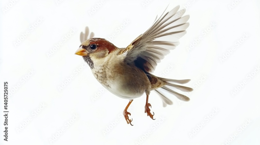 Poster sparrow soaring gracefully in mid-air captured with motion blur against a clear white backdrop