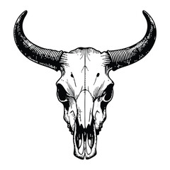 Black and white steer skull illustration with long curved horns – detailed line art vector with fine texture and shading, isolated on plain background for western, tattoo, or rustic design use
