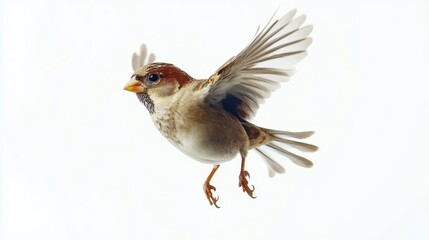 Fototapeta premium Sparrow soaring gracefully in mid-air captured with motion blur against a clear white backdrop