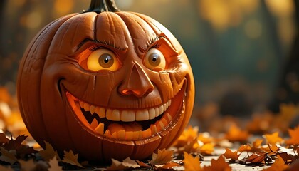 Carved orange pumpkin face glows as a spooky jack-o-lantern, an evil symbol of the fall halloween celebration