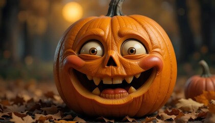 Carved orange pumpkin face glows as a spooky jack-o-lantern, an evil symbol of the fall halloween celebration