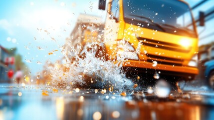 Yellow truck splashes through puddles on a wet street during a sunny afternoon