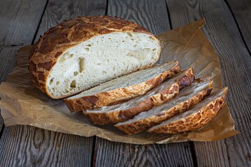 Fresh crispy Tiger (Dutch) bread with a delicious beautiful crust and wonderful homemade taste on a rustic wooden background. Bakery product with cracks.	