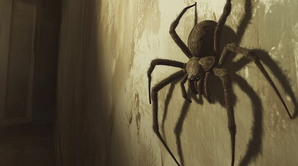 A large spider suspended on a wall, dramatic lighting casting soft yet defined shadows.