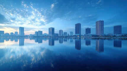 Fototapeta premium Calm cityscape reflecting in tranquil water at dawn