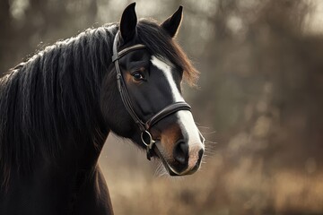 Obraz premium Majestic Shire Horse: A Powerful Clydesdale Stallion in Stunning Black and Brown Hues