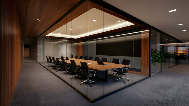 Elegant modern conference room with a long wooden table, sleek chairs, and glass walls reflecting the city view.