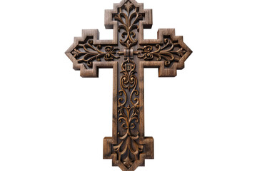 Ornate carved wood cross with decorative elements and scrolling flourishes on a plain transparent background