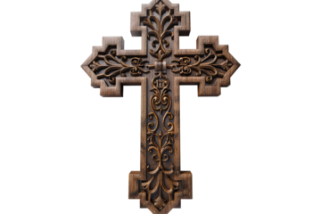 Ornate carved wood cross with decorative elements and scrolling flourishes on a plain transparent background