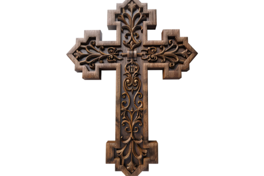 Ornate carved wood cross with decorative elements and scrolling flourishes on a plain transparent background