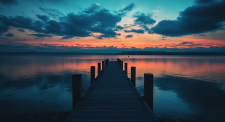 Fototapeta premium Evening Serenity at Ammersee: A Sunset Paradise with Blue Waters, Docks, and a Breakwater Bridge Under Colorful Clouds