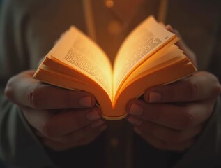A pair of hands gently holding a book with heart-shaped pages, creating a warm and inviting atmosphere that symbolizes love for reading and literature.