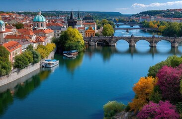 Panoramic view of Prague city with Charles Bridge, colorful buildings, and bridges over the River.