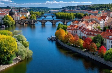 Obraz premium Panoramic view of Prague city with Charles Bridge, colorful buildings, and bridges over the River.