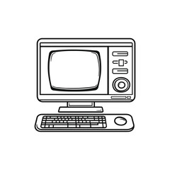 Line Art of Old Computer with Keyboard on Transparent Background 80s Style