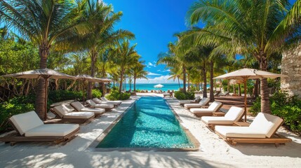 Obraz premium Exotic Tropical Landscape: Serene White Beach Paradise in Turks and Caicos with Luxurious Resort and Palm Groves