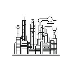 Line Art Refinery Plant with Chimneys and Tank, Monochrome on Transparent Background