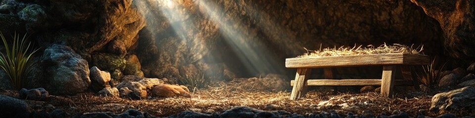 Fototapeta premium Emmanuel: The Nativity Tale. A Wooden Manger Set Against a Cave Backdrop, Celebrating the Birth of Jesus Christ and the Hope of the Season