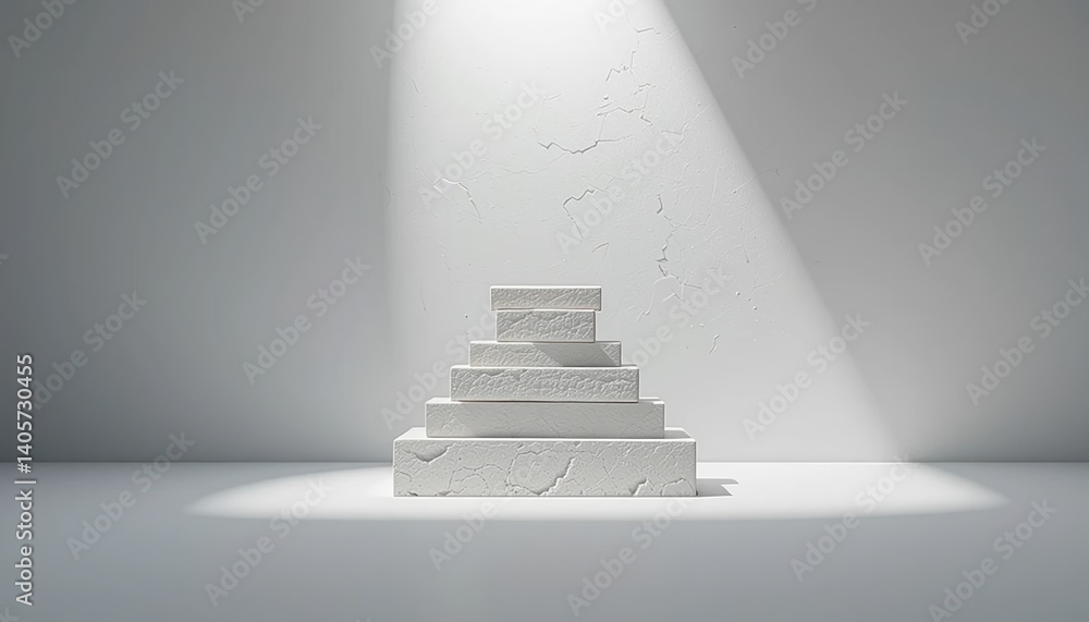 Poster minimalist display of white geometric shapes in a studio environment highlighting modern design conc