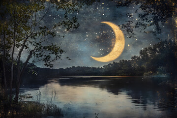 Fototapeta premium Moonlit Serenity: Embracing Tranquil Reflections on a Half-Moon Night
