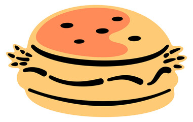 Burger, layered bun, patty, lettuce, tomato and cheese. Fast food, food, meal, eat and eating , illustration