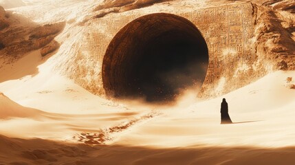 A lone figure approaches an ancient, mysterious tunnel carved into a desert cliff face, adorned with hieroglyphs, a scene of serene mystery and wonder.