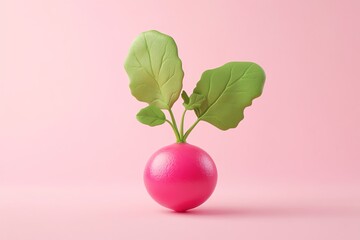 Vibrant pink radish with green leaves against a soft pink background. 3d soft pastel pop