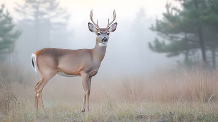 Obraz premium Whitetail Deer in Misty Forest: A majestic whitetail deer stands proudly in a misty forest clearing, its antlers silhouetted against the soft, diffused light.